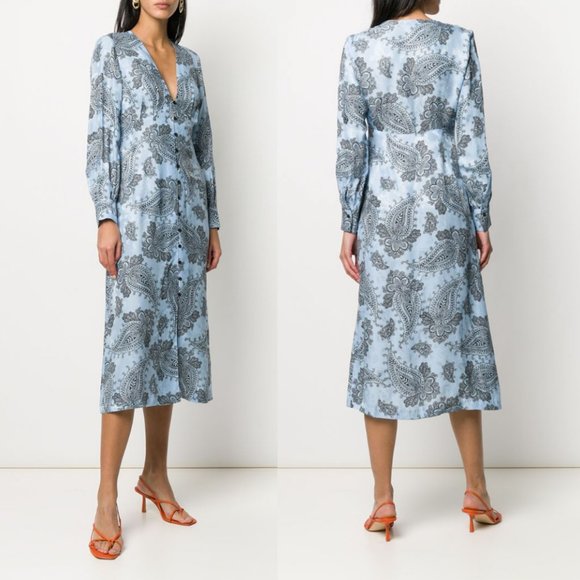 Anthropologie Dresses & Skirts - Sandro Paris Printed Silk Beane Jacquard Button Down Midi Dress Wedding Guest 36